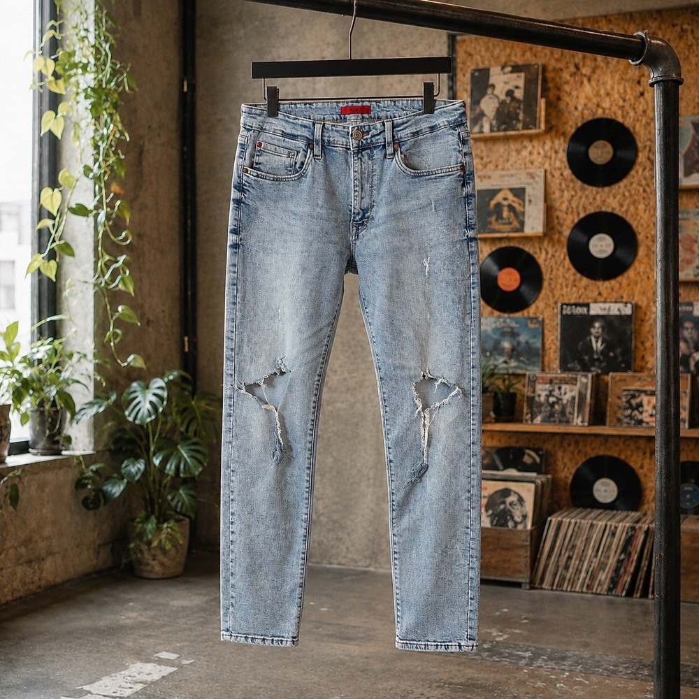 M.B.X Mens‎ Slim Fit Distressed Jeans Light Acid Wash Blue Denim 34